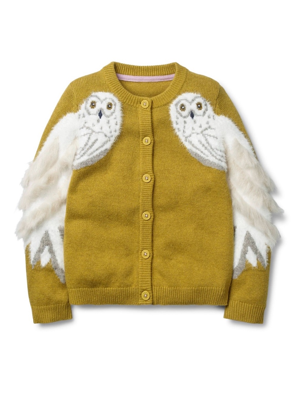 Mini Boden x Harry Potter Hedwig Owl Cardigan 5-6Y Mustard Faux Fur